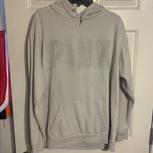 PINK Gray Hoodie with Rhinestone Logo